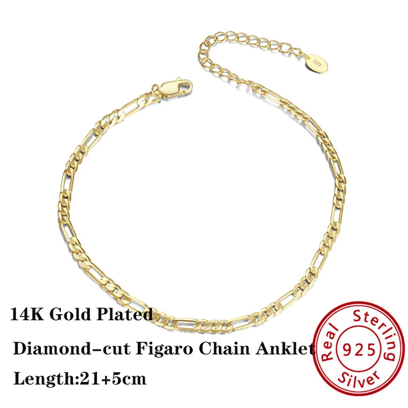 Rinntin 925 Sterling Silver Cuban Chain Anklets for Women Fashion Adjustable 14K Gold Foot Bracelet Ankle Straps Jewelry SA11