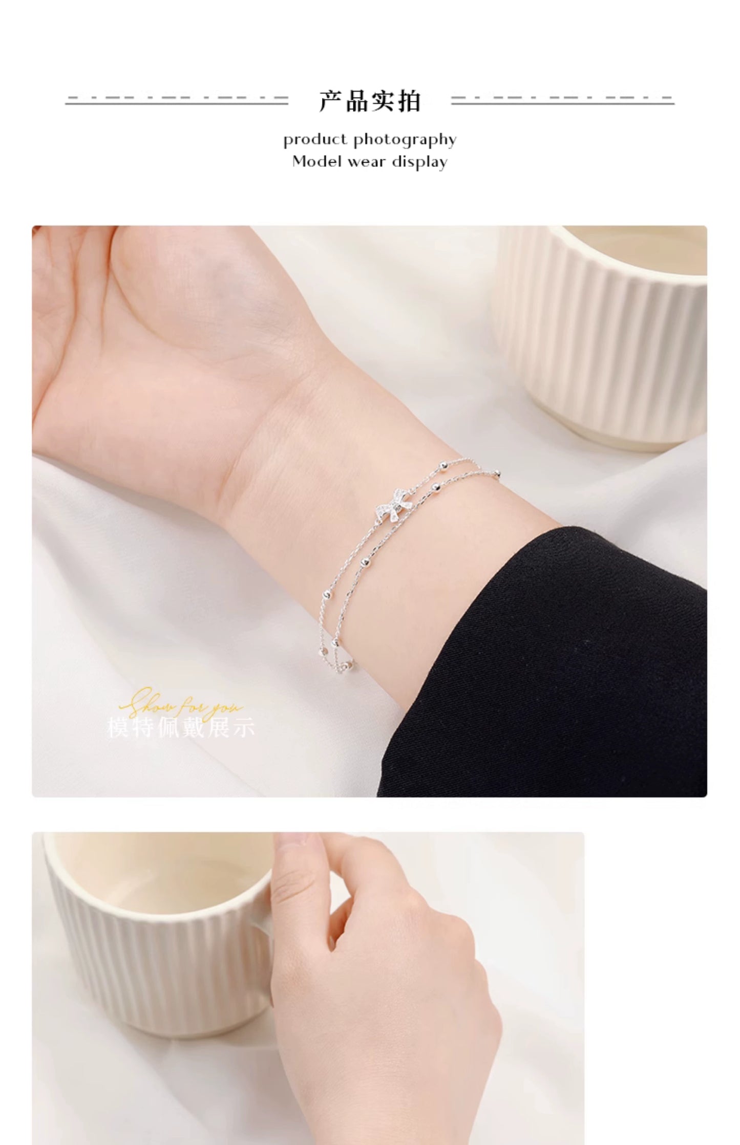 Maozhe S925 Sterling Silver Double Layer Ladies Bow Bracelet for Women Light Luxury Minority Girls Exquisite Students' Birthday Gift