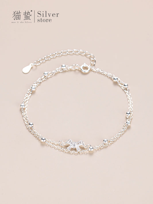 Maozhe S925 Sterling Silver Double Layer Ladies Bow Bracelet for Women Light Luxury Minority Girls Exquisite Students' Birthday Gift