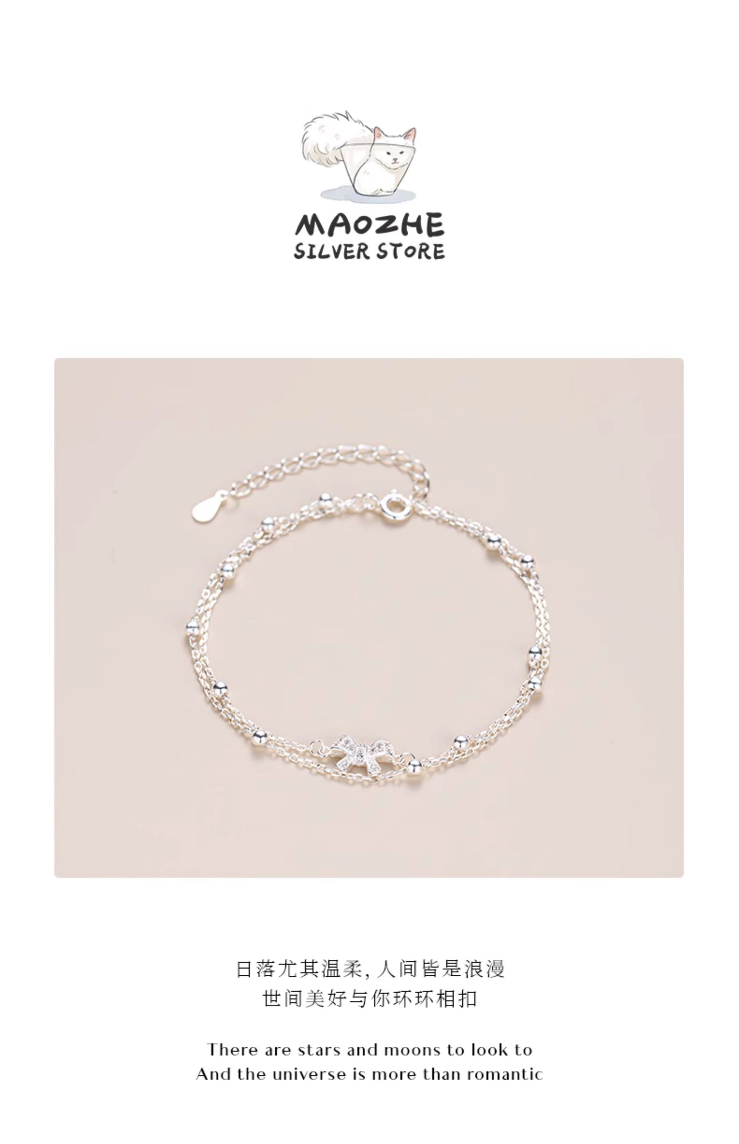 Maozhe S925 Sterling Silver Double Layer Ladies Bow Bracelet for Women Light Luxury Minority Girls Exquisite Students' Birthday Gift