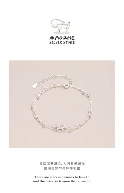 Maozhe S925 Sterling Silver Double Layer Ladies Bow Bracelet for Women Light Luxury Minority Girls Exquisite Students' Birthday Gift