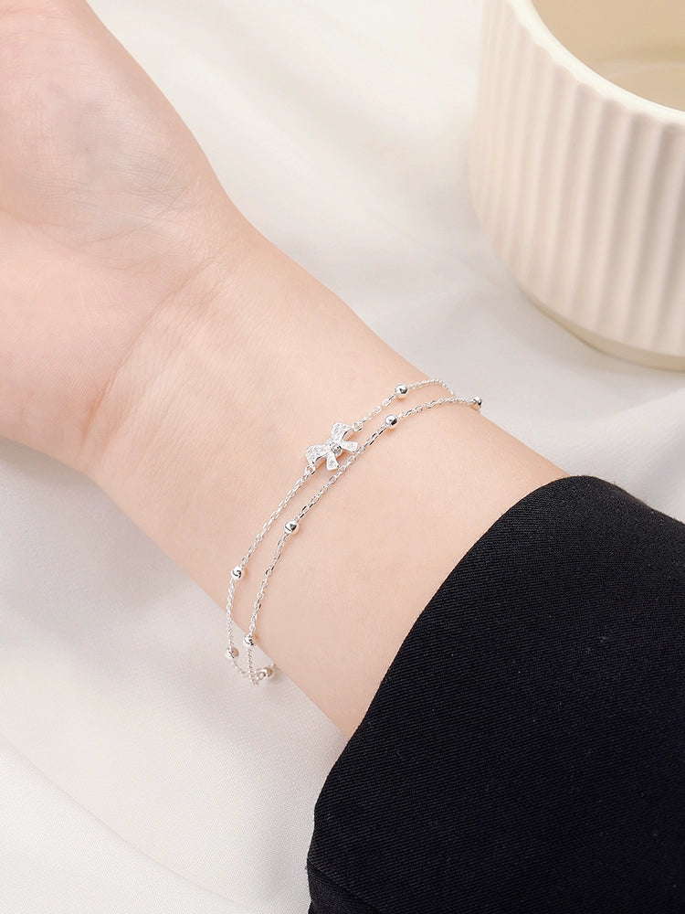 Maozhe S925 Sterling Silver Double Layer Ladies Bow Bracelet for Women Light Luxury Minority Girls Exquisite Students' Birthday Gift