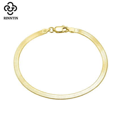 Rinntin 18K Gold 925 Sterling Silver Italian 3mm Flexible Flat Herringbone Chain Bracelet for Women Party Bangle Jewelry SB107