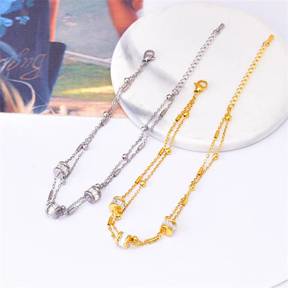 316L Stainless Steel New Fashion Fine Jewelry 2-Layer Cylinder Beading Crystal Zircon Tire Shape Charm Chain Anklets For Women