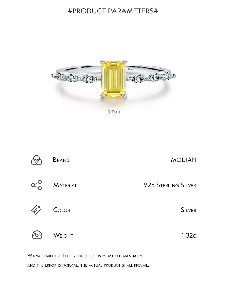 MODIAN Real 925 Sterling Silver Exquisite Sparkling Emerald Cut Pink Yellow Zirconia Ring For Women Wedding Luxury Fine Jewelry