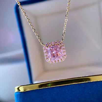 Huitan Square-shaped Pink Cubic Zirconia Pendent Necklace for Women Engagement Wedding Party Luxury Trendy New Necklace Jewelry