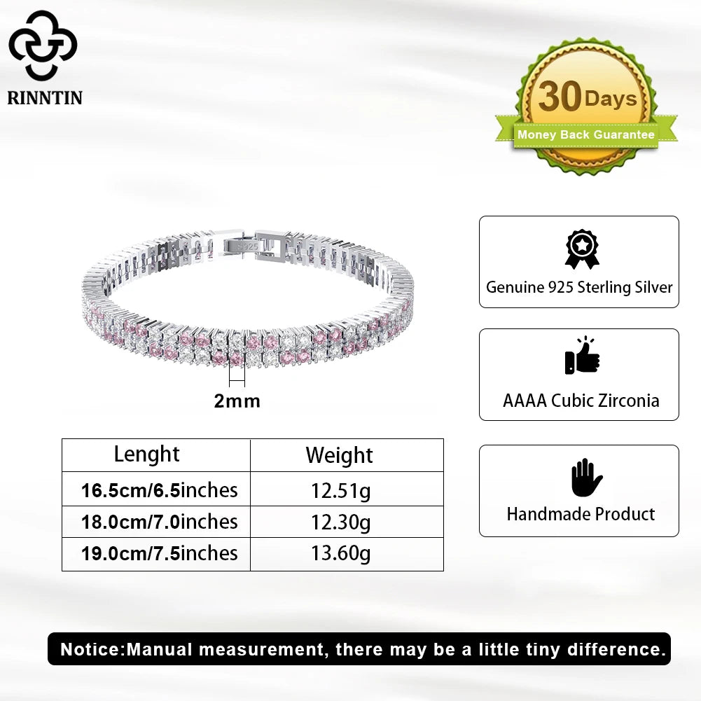 Rinntin 2 Rows Tennis Bracelet 925 Sterling Silver Women's Luxury Clear&Pink Cubic Zirconia Chain Bracelet Jewelry SB157