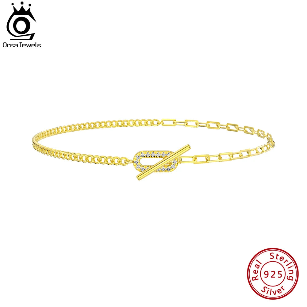 ORSA JEWELS Side Chain&Paperclip Chain Anklet 925 Silver Women's Summer Sexy Foot Bracelet Fashion Ankle Straps Jewelry SA62