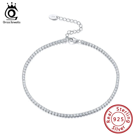 ORSA JEWELS Real 925 Silver Adjustable Tennis Anklets Bracelet with Full Paved Rhinestone for Women Barefoot Jewelry Gift SA03