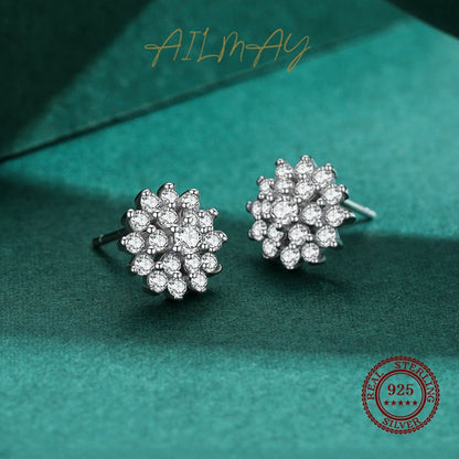 Ailmay Top Quality Real 925 Sterling Silver Full CZ Snowflake Stud Earrings For Women Luxury Wedding Engagement Jewelry Gift