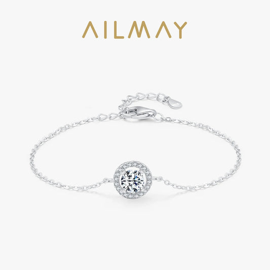 Ailmay 925 Sterling Silver Fashion 1Ct Round Sparkling CZ Link Chain Charm Bracelet For Women Wedding Statement Fine Jewelry