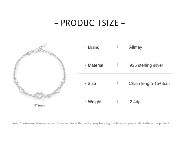 Ailmay 925 Sterling Silver Romantic Heart Bracelet Original Design Dazzling Clear CZ Bracelet For Women Silver Fine Jewelry