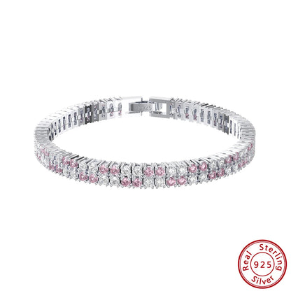 Rinntin 2 Rows Tennis Bracelet 925 Sterling Silver Women's Luxury Clear&Pink Cubic Zirconia Chain Bracelet Jewelry SB157