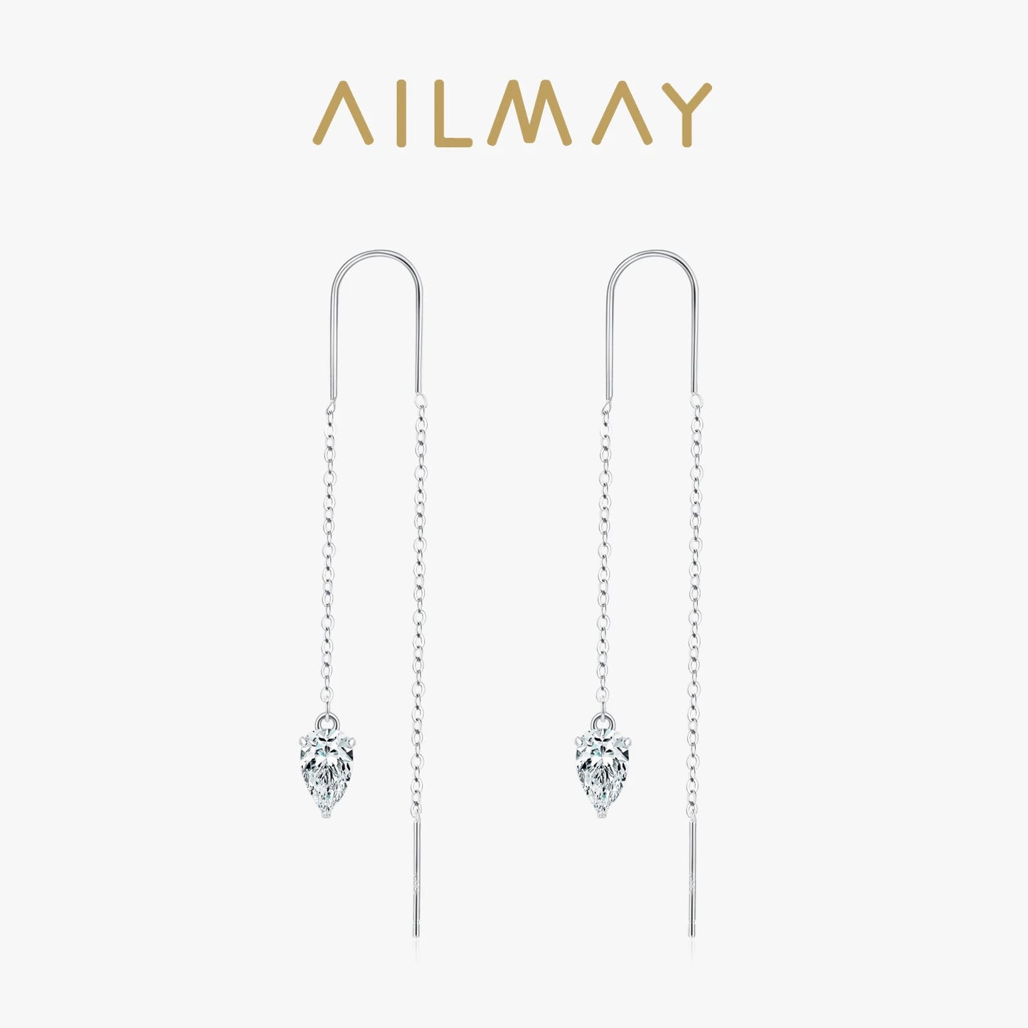 Ailmay 925 Sterling Silver Trendy Water Drop Zirconia Long Chain Tassel Dangle Earring For Women Girls Party Accessories Jewelry