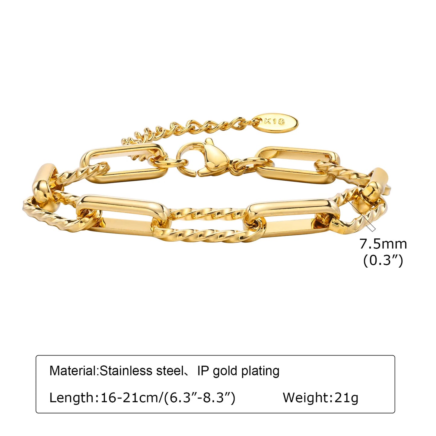 Women Paperclip Chain Bracelet,18K Gold Plated Stainless Steel Adjustable Chain Bracelet,Chunky Stackable Layered Jewelry