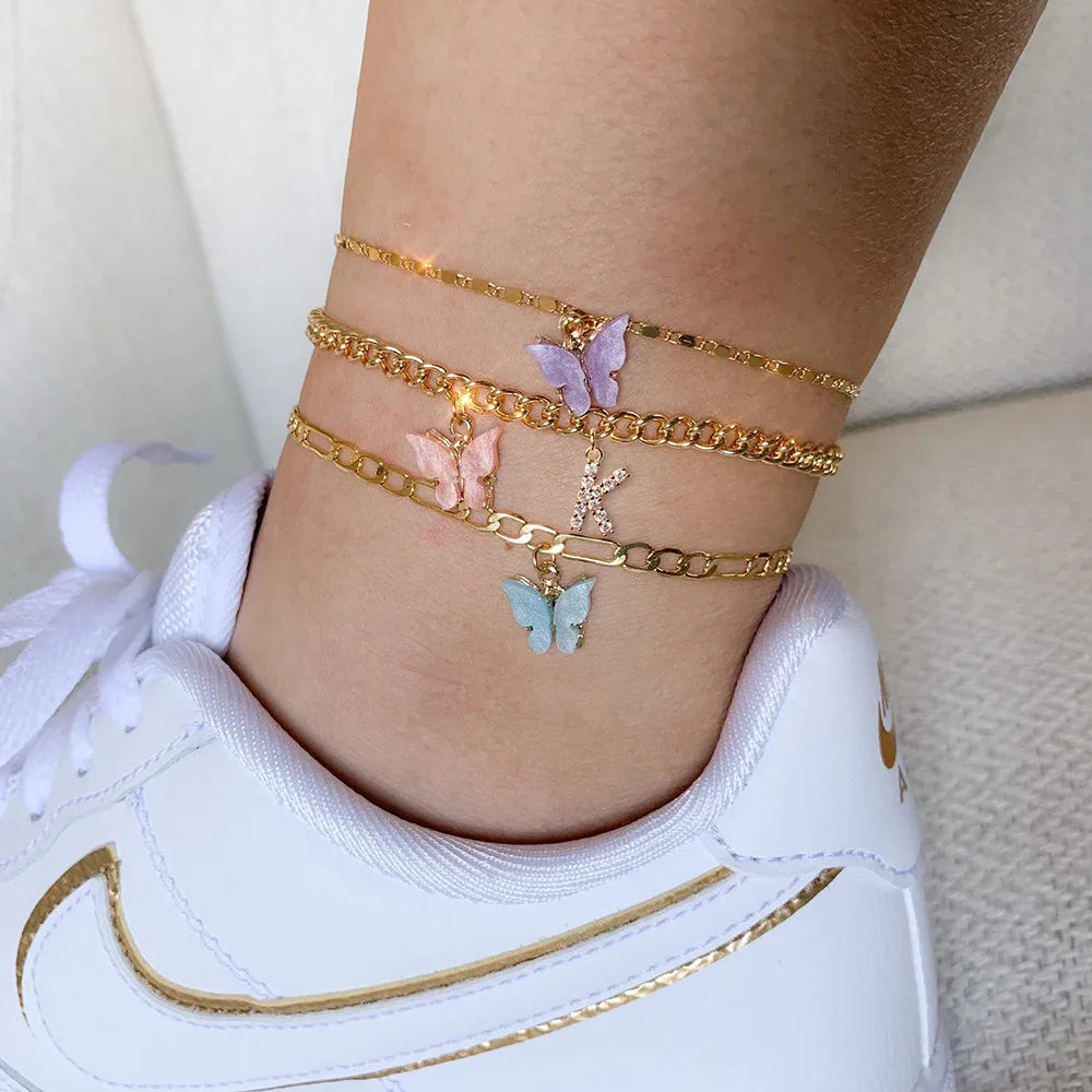 KMVEXO Stainless Steel Initial A-Z Letter Anklets For Women Girl Butterfly Trend Leg Chain Waterproof Jewelry Gift Party