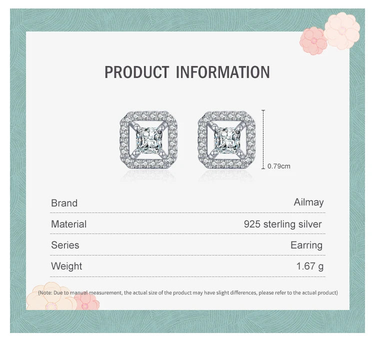 Ailmay Superior Quality 925 Sterling Silver Luxury Square Dazzling CZ Stud Earrings For Women Wedding Engagement Jewelry Gift