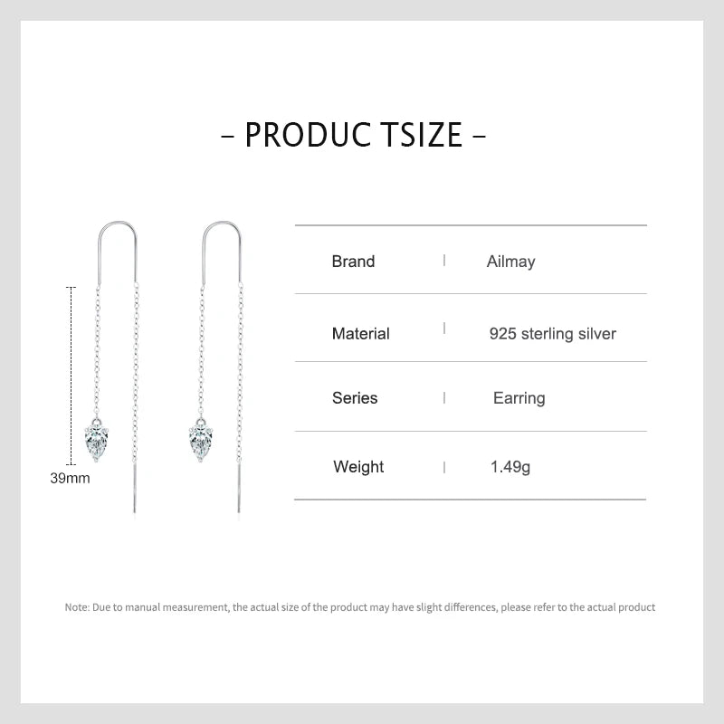 Ailmay 925 Sterling Silver Trendy Water Drop Zirconia Long Chain Tassel Dangle Earring For Women Girls Party Accessories Jewelry