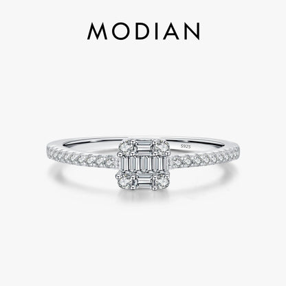 MODIAN Solid 925 Sterling Silver Simple Square Luxury Dazzling CZ Engagement Ring For Women Wedding Statement Fine Jewelry Gift