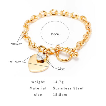 PAXA Fashion Elegant Heart Cubic Zirconia Stainless Steel Bracelet For Women Gold Color Thick Chain Charm Female Jewelry Gifts