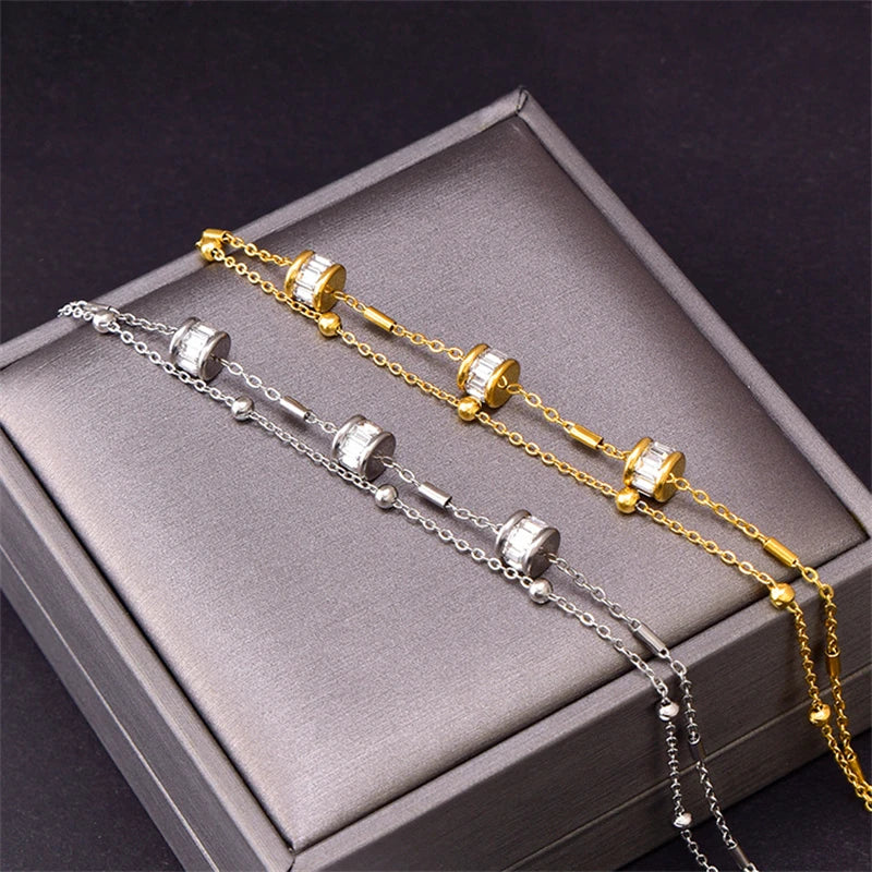 316L Stainless Steel New Fashion Fine Jewelry 2-Layer Cylinder Beading Crystal Zircon Tire Shape Charm Chain Anklets For Women