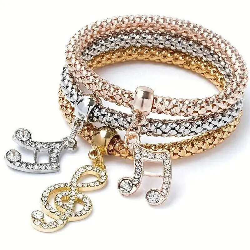 3 PCS Set Heart Lock Key Music Sign Charm Bracelet Owl Rose Gold Plating Silver Color Chain Owm Charm Bangle Jewelry Set