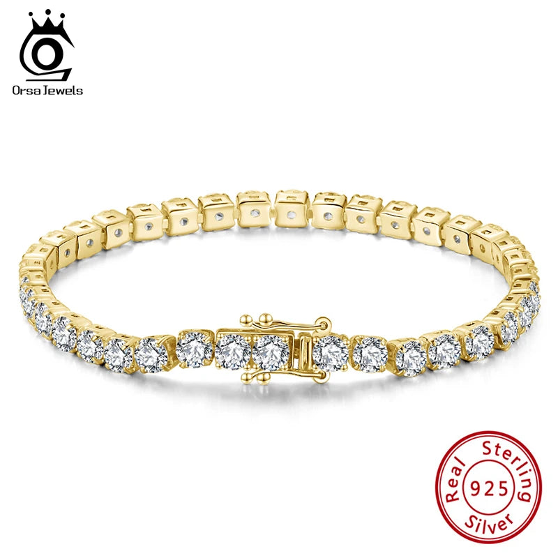 ORSA JEWELS Authentic 925 Sterling Silver Tennis Bracelet Zirconia 14K Gold Plated Bangle Jewelry Men Women Hand Chain SB95-14K