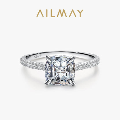 Ailmay Luxury Princess Square Dazzling 5A Zirconi Four Claw Rings For Women Classic Romantic 925 Sterling Silver Fashion Jewelry