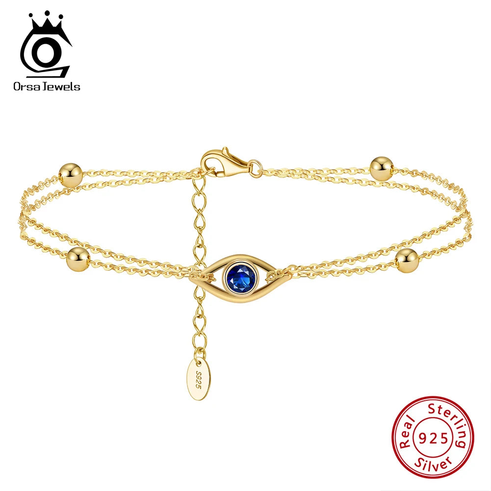 ORSA JEWELS Classic 925 Sterling Silver 2 Layers Evil Eyes Chain Bracelet for Women Fashion14K Gold Bracelet Party Jewelry APB04