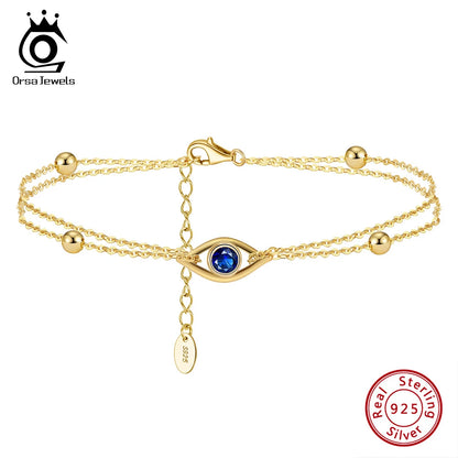 ORSA JEWELS Classic 925 Sterling Silver 2 Layers Evil Eyes Chain Bracelet for Women Fashion14K Gold Bracelet Party Jewelry APB04