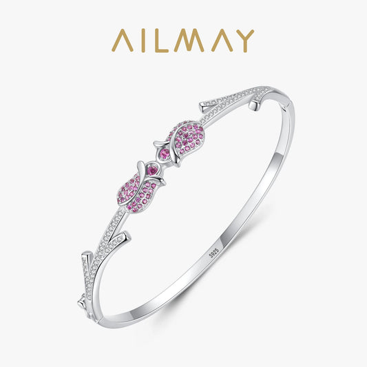 Ailmay Authentic 925 Sterling Silver Fashion Elegant Pink Clear Zircon Rose Flower Bracelets For Women Romantic Wedding Jewelry