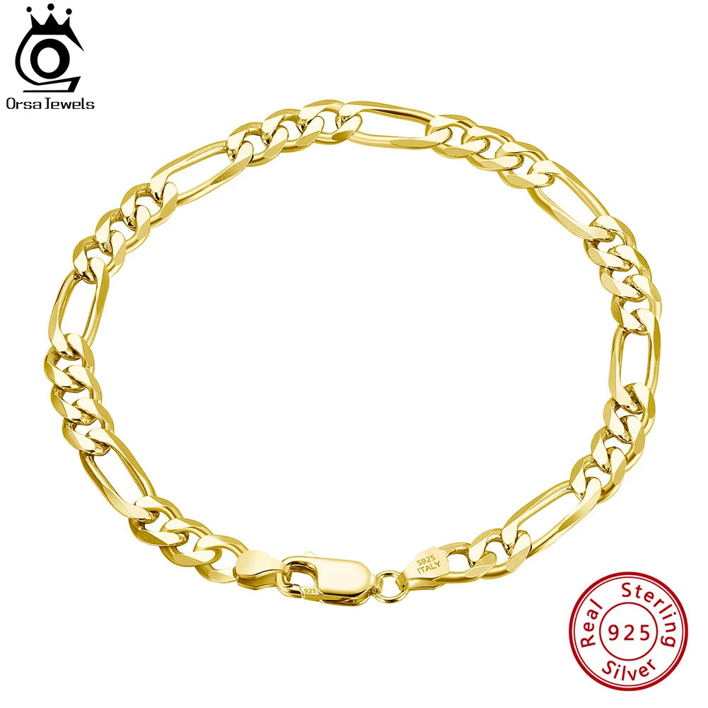 ORSA JEWELS Italian 14K Gold 5mm Diamond-Cut Figaro Chain Bracelet for Women Men Fashion 925 Silver Bracelet Party Jewelry SB66