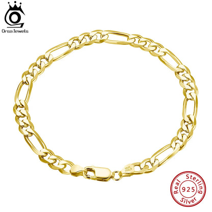 ORSA JEWELS Italian 14K Gold 5mm Diamond-Cut Figaro Chain Bracelet for Women Men Fashion 925 Silver Bracelet Party Jewelry SB66