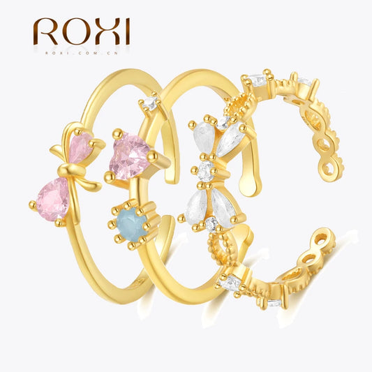 ROXI 925 Sterling Silver Shine Bowknot Crystal Rings For Women Men Adjustable Party Wedding Engagement Jewelry Pink Color Gift