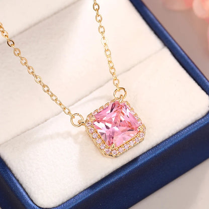 Huitan Square-shaped Pink Cubic Zirconia Pendent Necklace for Women Engagement Wedding Party Luxury Trendy New Necklace Jewelry