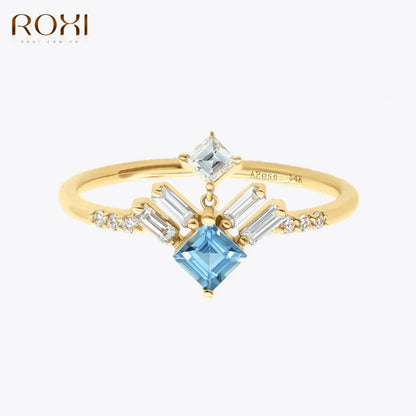 ROXI 925 Sterling Silver Blue/White Geometric Square Crystal Finger Rings For Women Couple Wedding Statement Fine Jewelry Gift