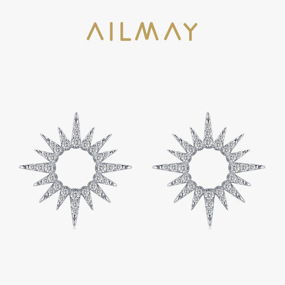 Ailmay 925 Sterling Silver Fashion Sun Flower Shape Sparkling Cubic CZ Stud Earrings For Women Fine Wedding Statement Jewelry