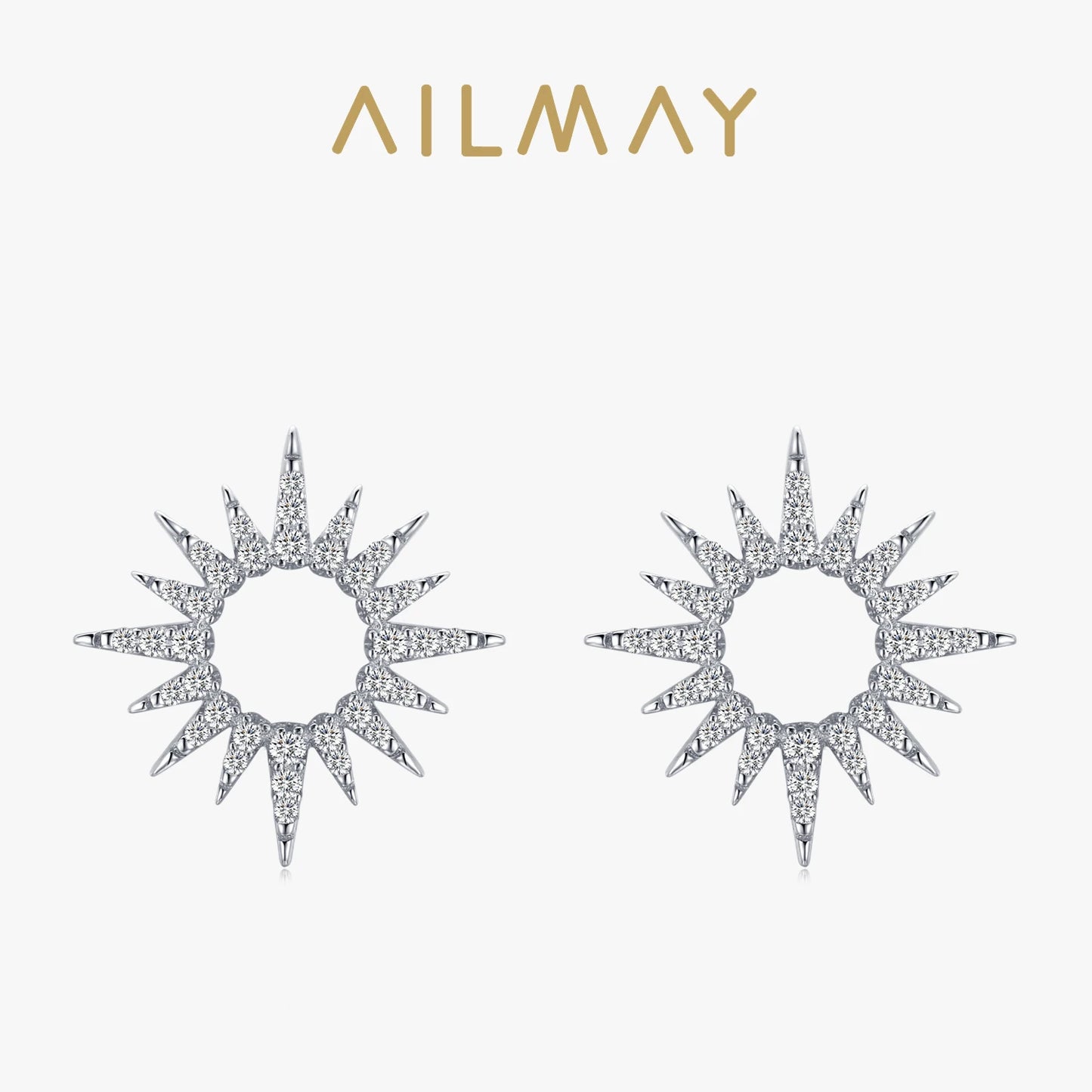 Ailmay 925 Sterling Silver Fashion Sun Flower Shape Sparkling Cubic CZ Stud Earrings For Women Fine Wedding Statement Jewelry