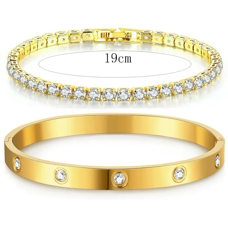 Stackable Gold Bracelets Bangles for Women Girls 14K Gold Plated Cubic Zirconia Tennis Bracelet Stainless Steel Jewelry Gifts