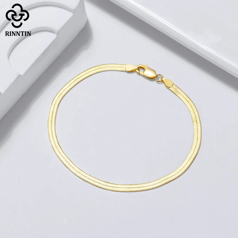 Rinntin 18K Gold 925 Sterling Silver Italian 3mm Flexible Flat Herringbone Chain Bracelet for Women Party Bangle Jewelry SB107