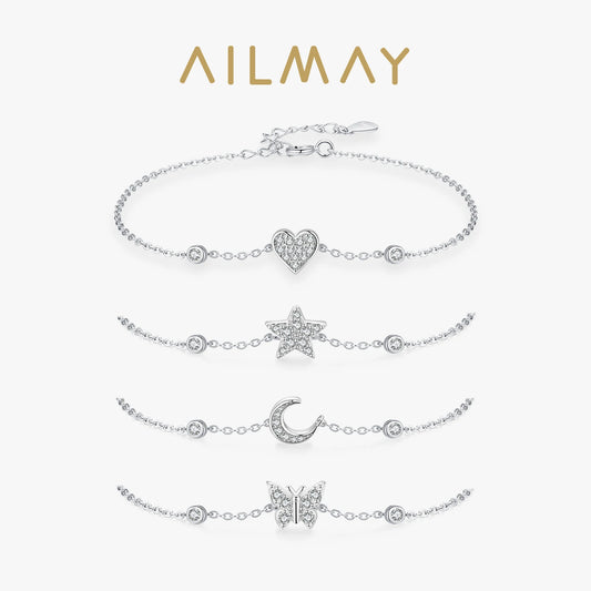 Ailmay 2024 New Design 925 sterling Silver Fashion Heart & Star & Moon Dazzling CZ Chain Bracelet For Women Wedding Fine Jewelry