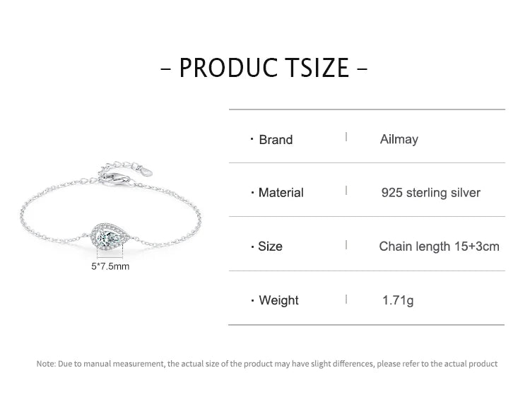 Ailmay 925 Sterling Silver Fashion Water Drop Pear Shape Zirconia Link Chain Bracelet For Women Wedding Engagement Jewelry Gift