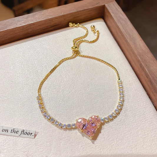 New Trendy Sweet Love Zircon Bracelet For Women 18K Gold Plated Pink Crystal Full of Rhinestone Bracelet Wedding Jewelry Gift