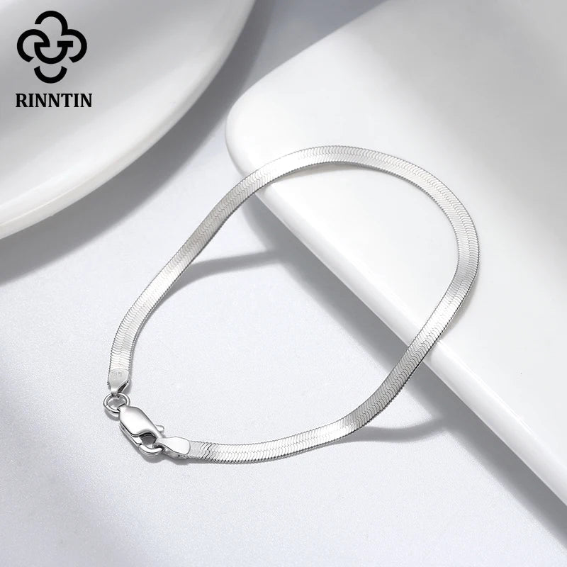 Rinntin 18K Gold 925 Sterling Silver Italian 3mm Flexible Flat Herringbone Chain Bracelet for Women Party Bangle Jewelry SB107