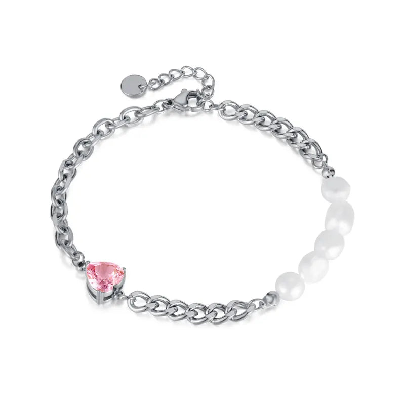 PAXA Korean Heart Cubic Zirconia Pearl Stainless Steel Chain Bracelet Bangle for Women Sweet Daily Trendy Texture Jewelry Gifts