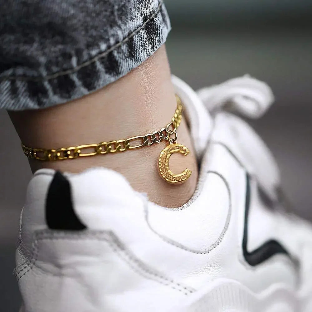 2Pcs Stainless Steel Initial Anklet Set For Women 26 Letter Gold Color Chain On Foot Summer Ankle Bracelet Jewelry Accessories