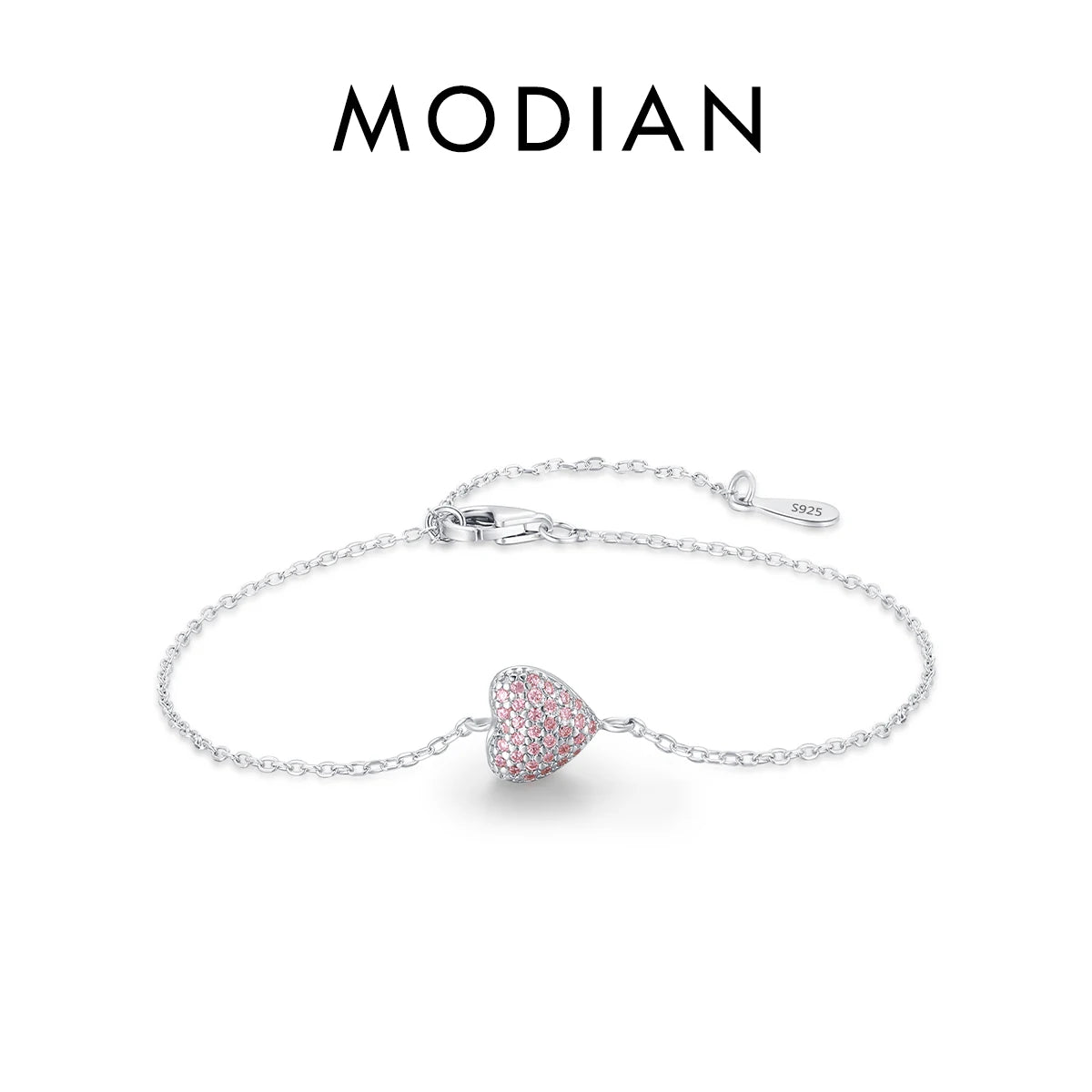 MODIAN 925 Sterling Silver Light Pink Zircon Heart Adjustable Bracelet Chain Link for Women Jewelry Romantic Anniversary Gift