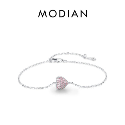 MODIAN 925 Sterling Silver Light Pink Zircon Heart Adjustable Bracelet Chain Link for Women Jewelry Romantic Anniversary Gift