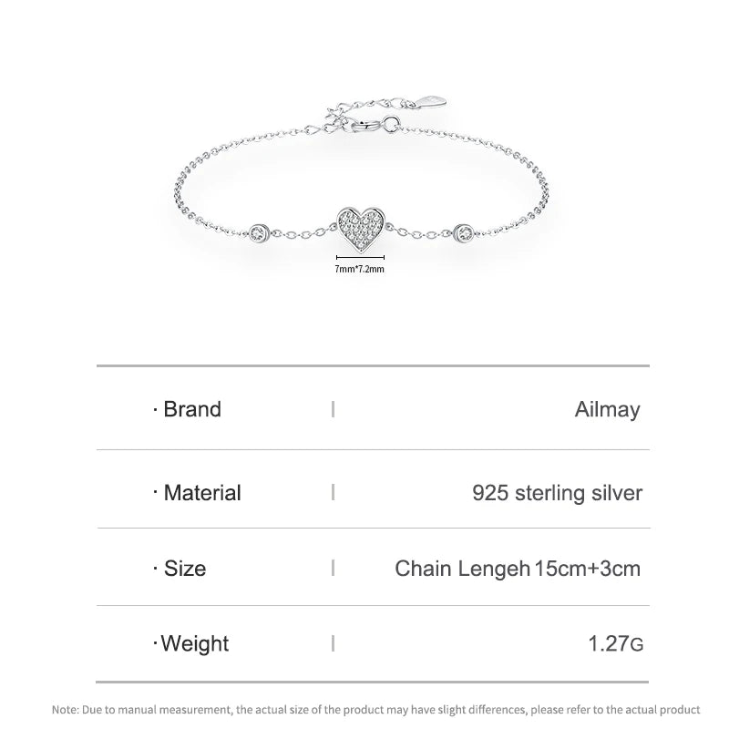 Ailmay 925 Sterling Silver Sweet Romantic Heart Clear Zircon Link Chain Bracelet For Women Wedding Engagement Jewelry Gifts