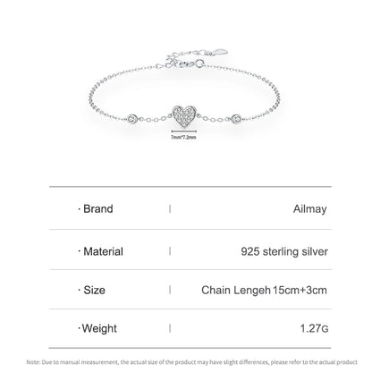 Ailmay 925 Sterling Silver Sweet Romantic Heart Clear Zircon Link Chain Bracelet For Women Wedding Engagement Jewelry Gifts